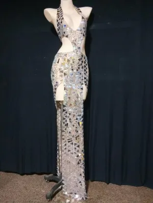 Sparkly Rhinestones Mirrors High Split Long Dress