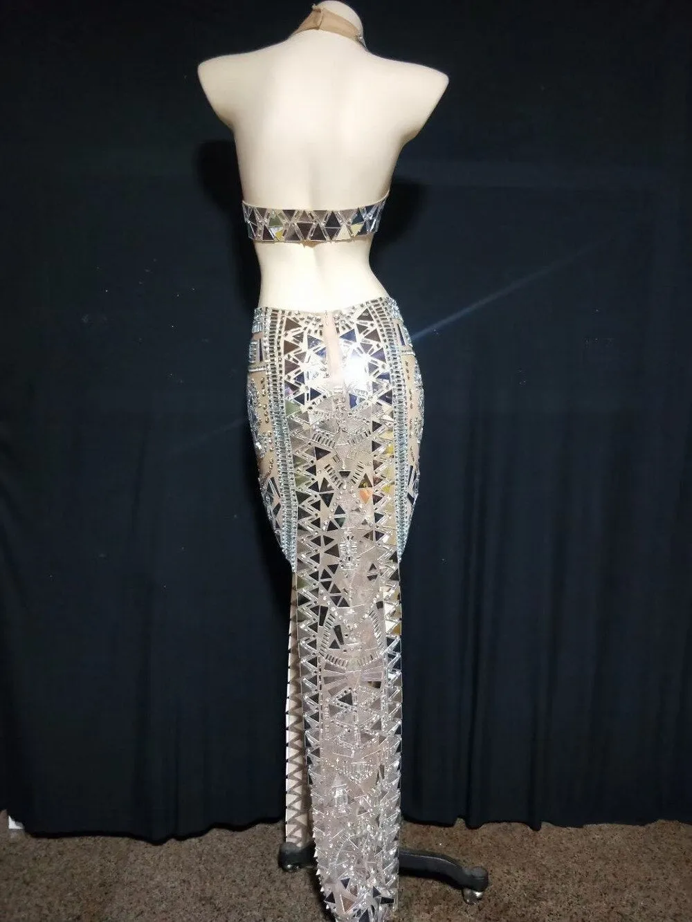 Sparkly Rhinestones Mirrors High Split Long Dress