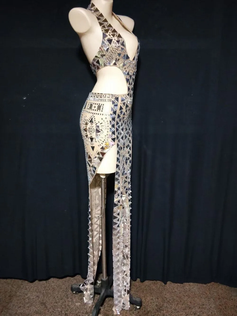 Sparkly Rhinestones Mirrors High Split Long Dress