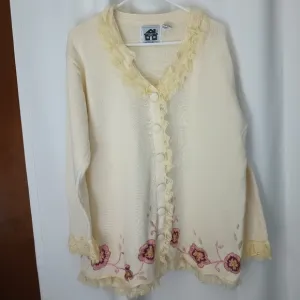 Storybook Knits Womens Flower  Embroidered Cardigan Large Cottagecore Lace Vntg