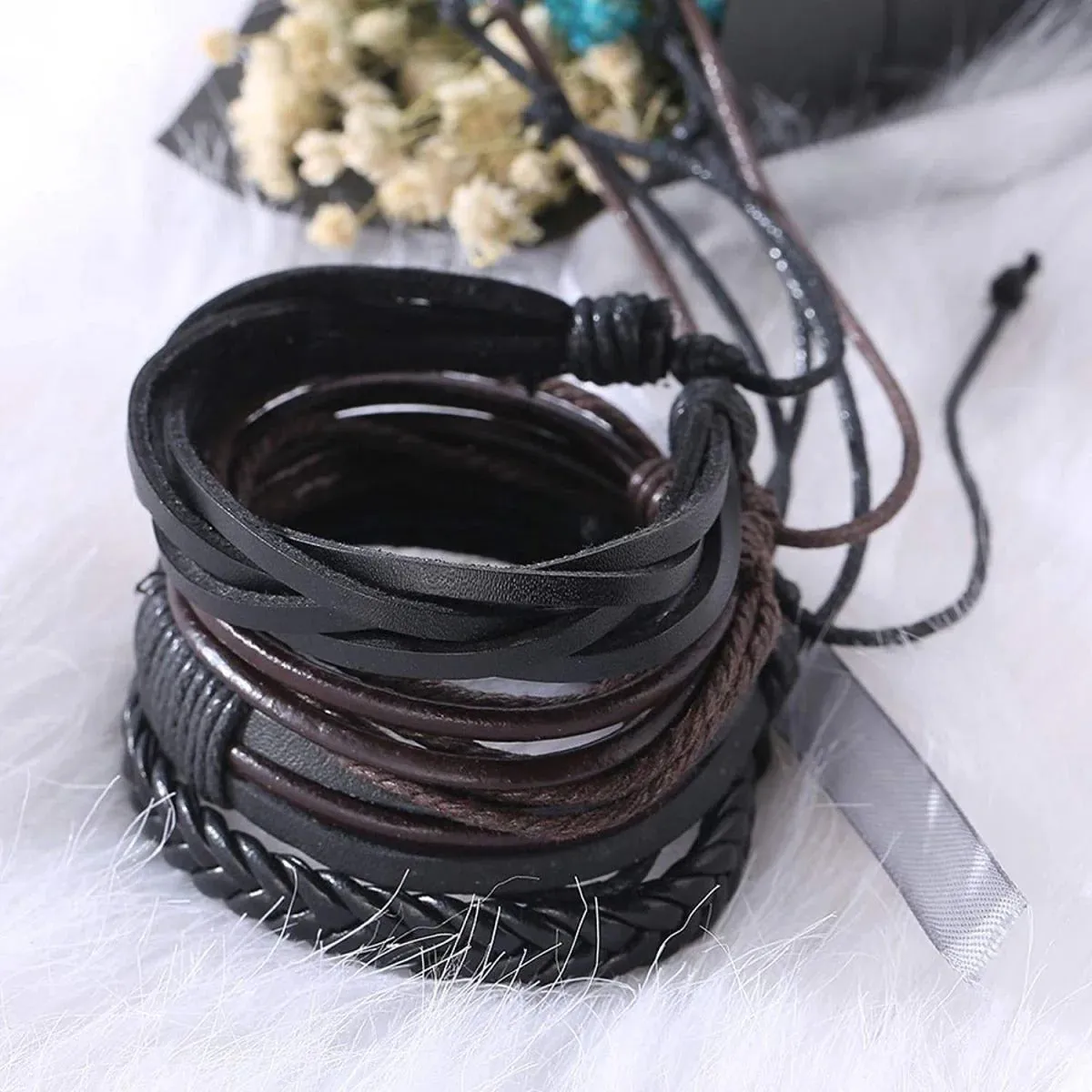 Stylish Brown and Black Leather Strand Wrist Band Bracelet for Men
