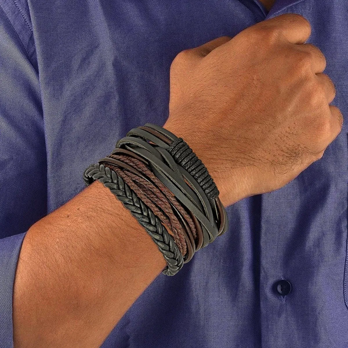 Stylish Brown and Black Leather Strand Wrist Band Bracelet for Men