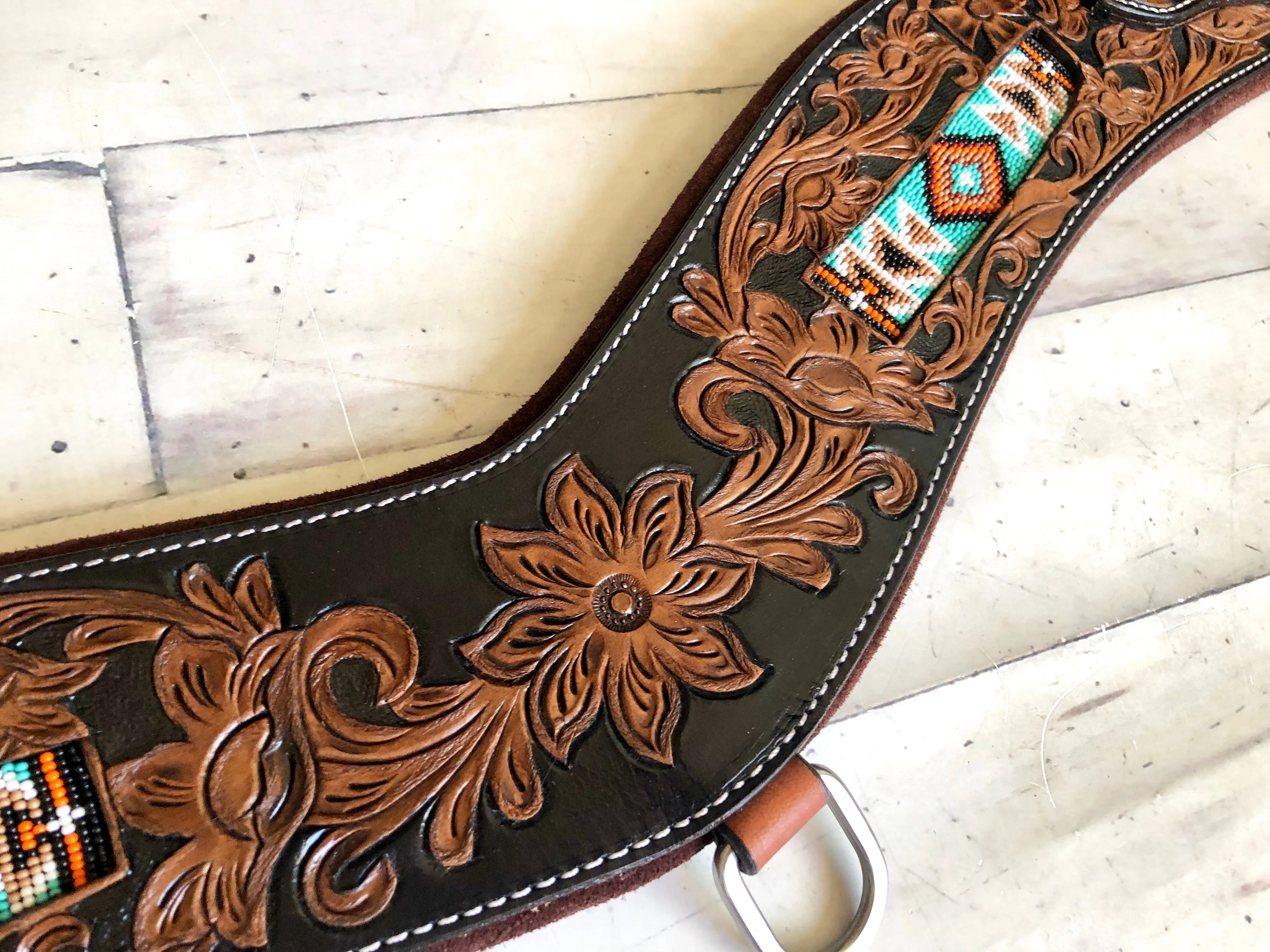 Teal Beaded Inset Leather Tooled Tripping Collar