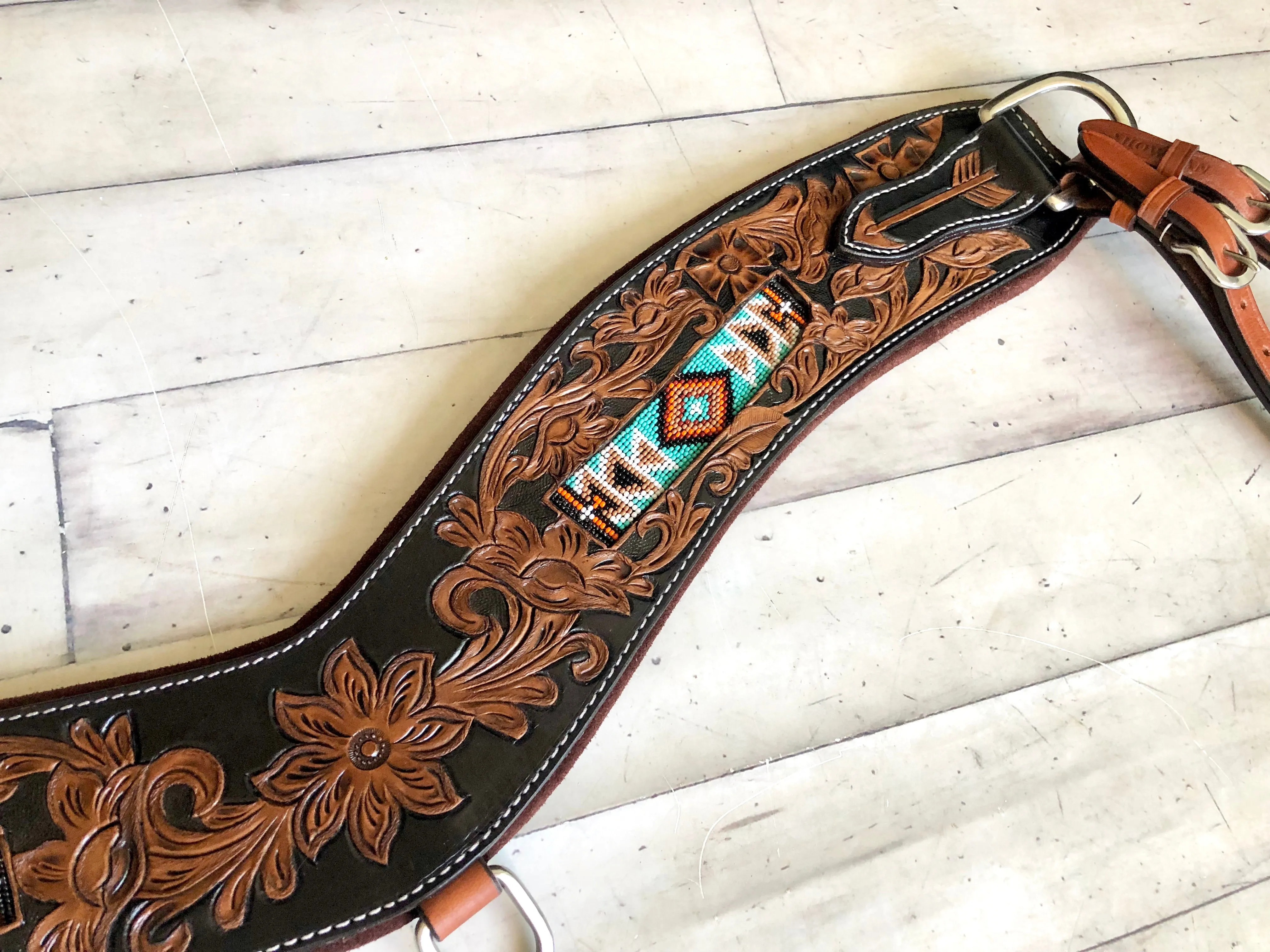 Teal Beaded Inset Leather Tooled Tripping Collar