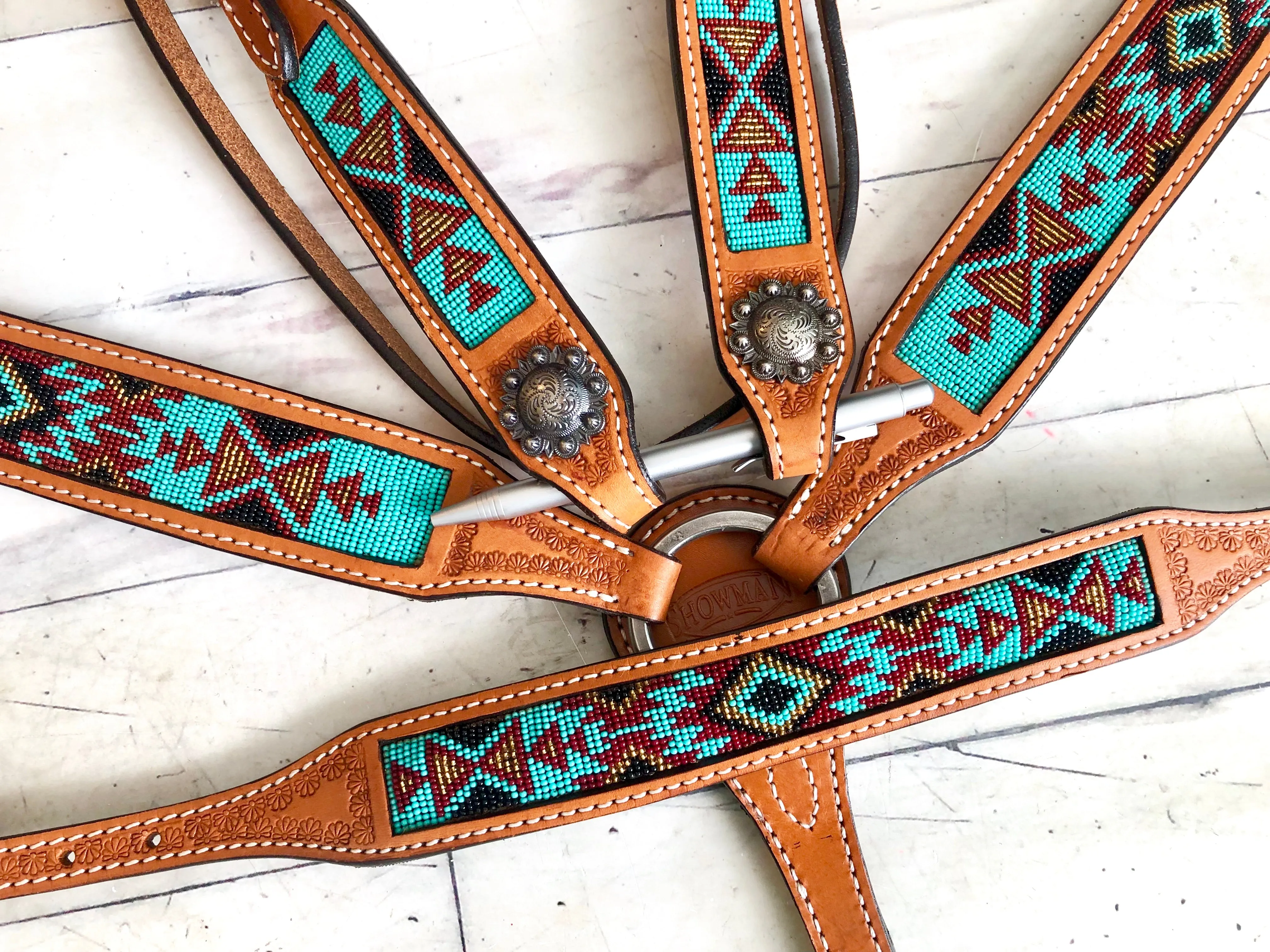 Teal, Maroon and Brown Beaded Aztec Pattern Tack Set