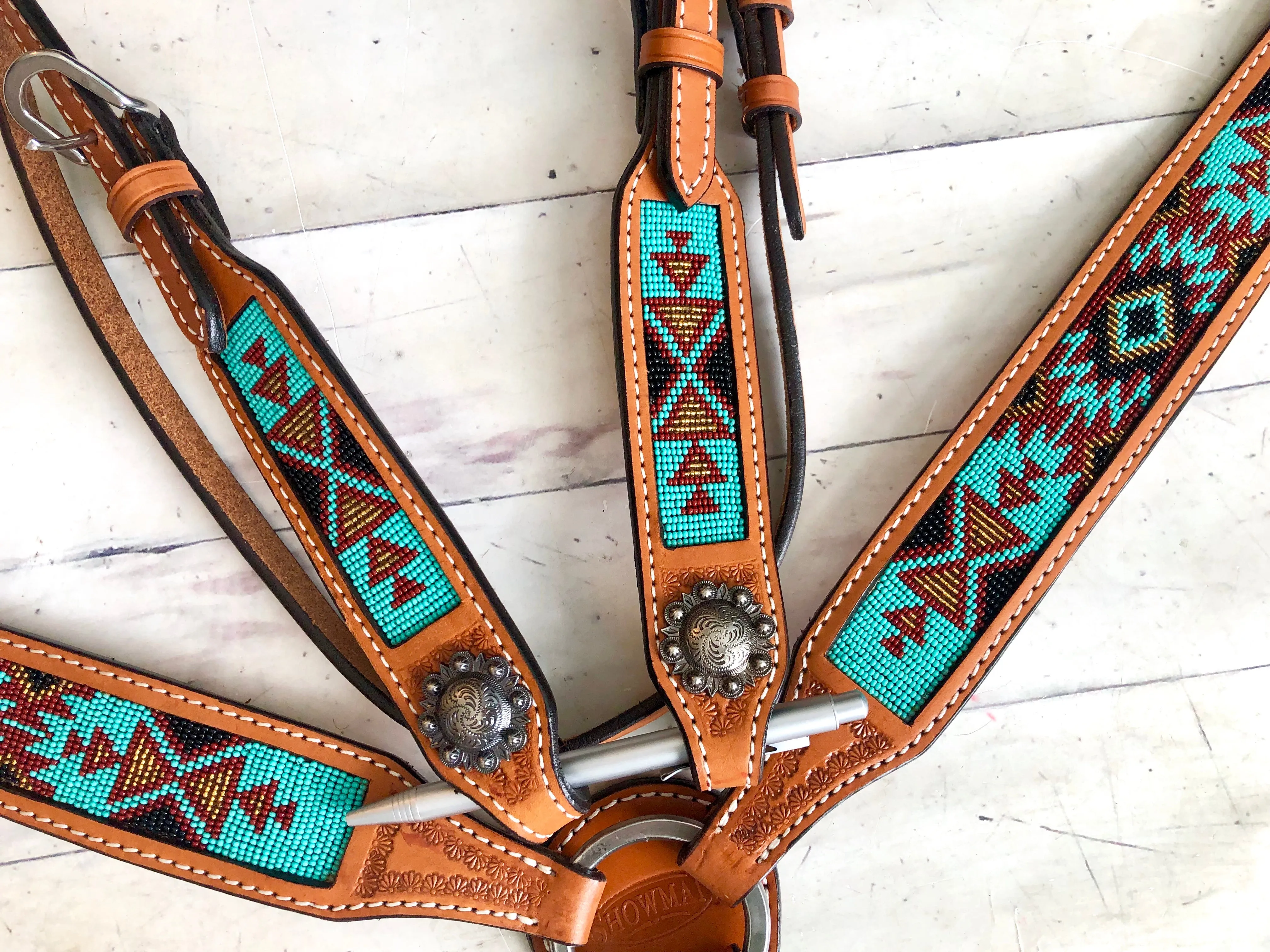 Teal, Maroon and Brown Beaded Aztec Pattern Tack Set