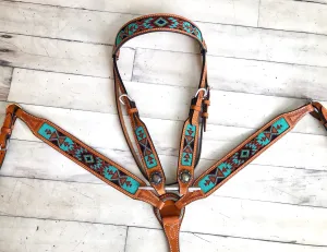 Teal, Maroon and Brown Beaded Aztec Pattern Tack Set