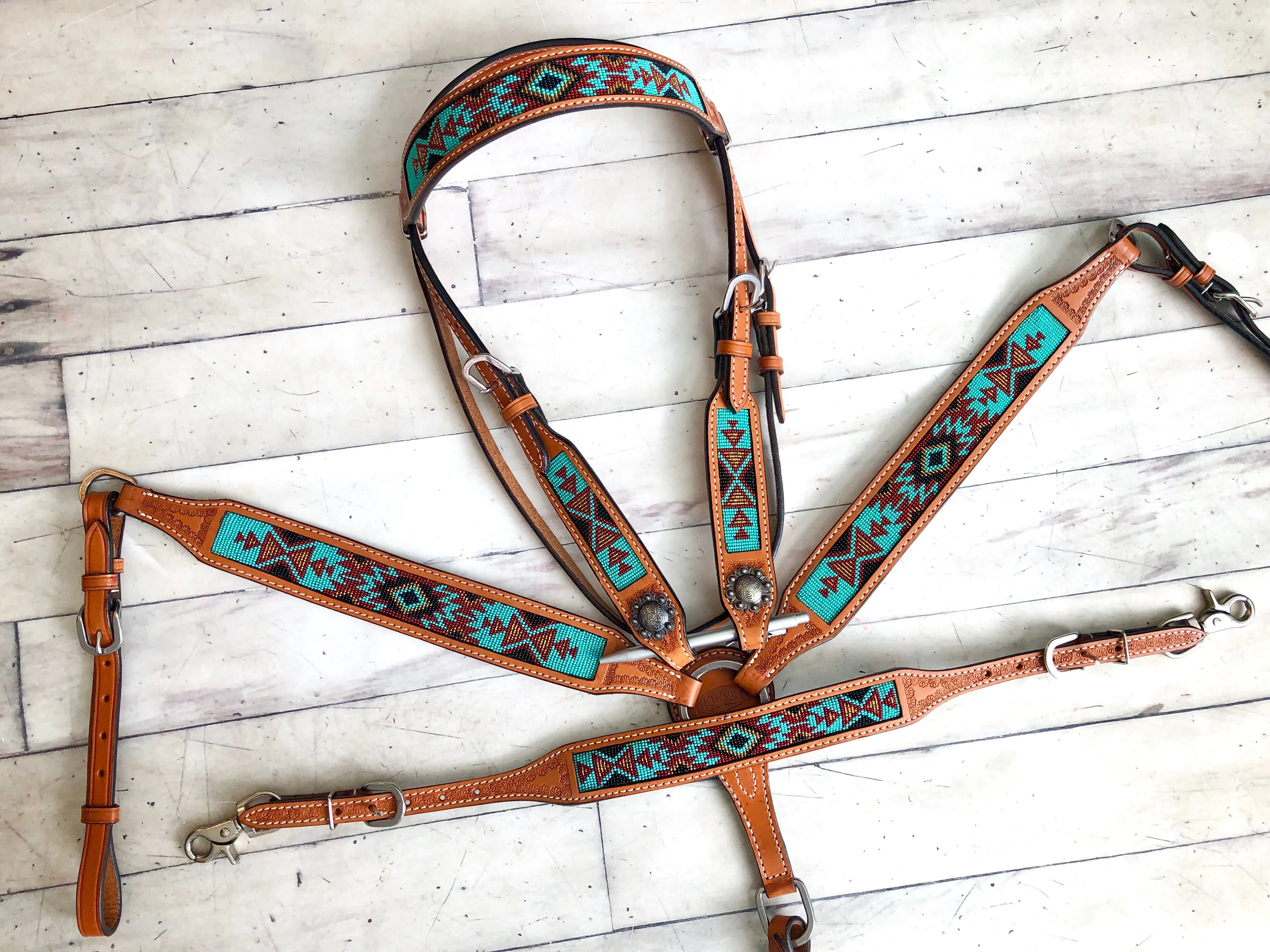 Teal, Maroon and Brown Beaded Aztec Pattern Tack Set