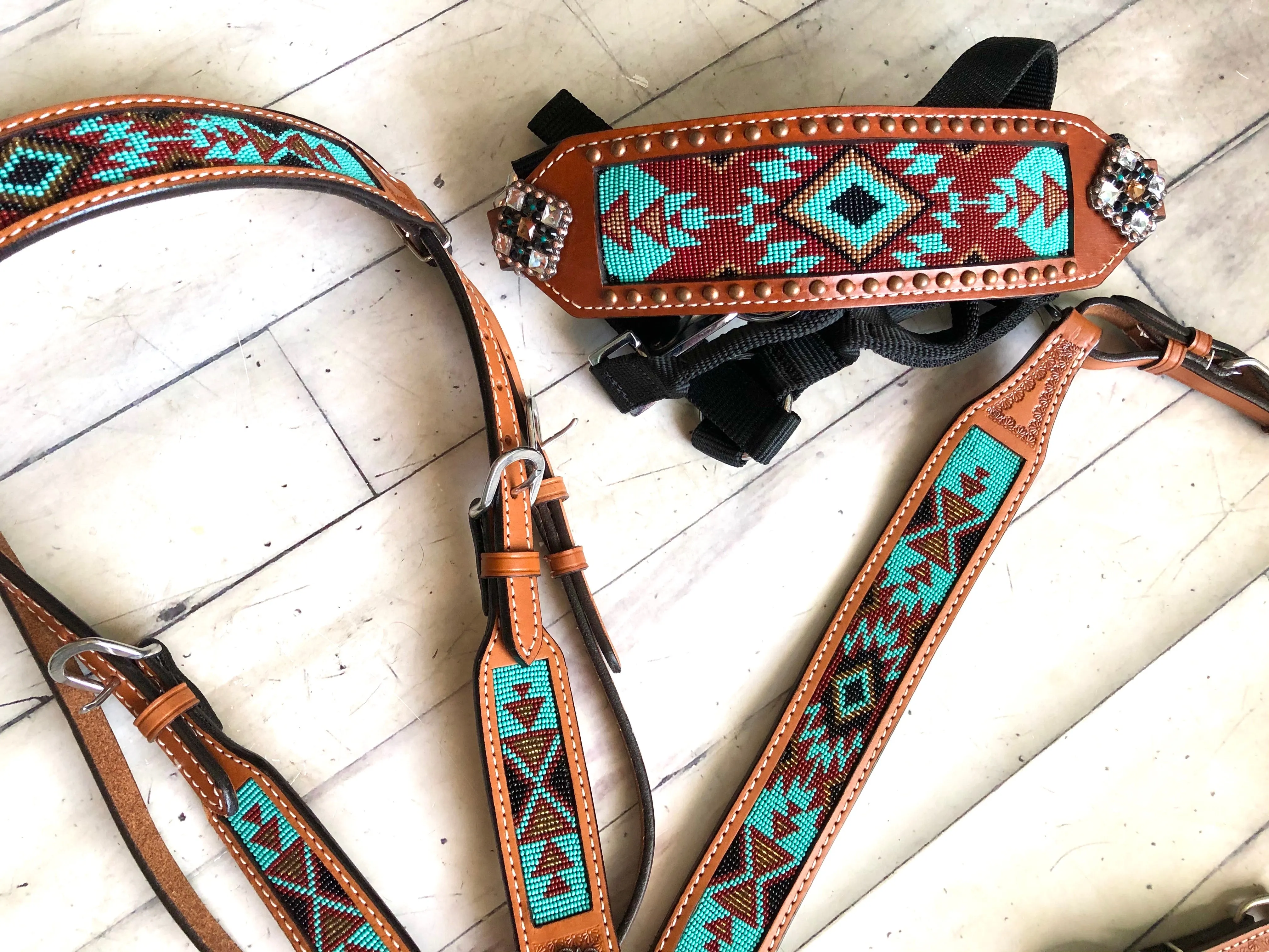 Teal, Maroon and Brown Beaded Aztec Pattern Tack Set