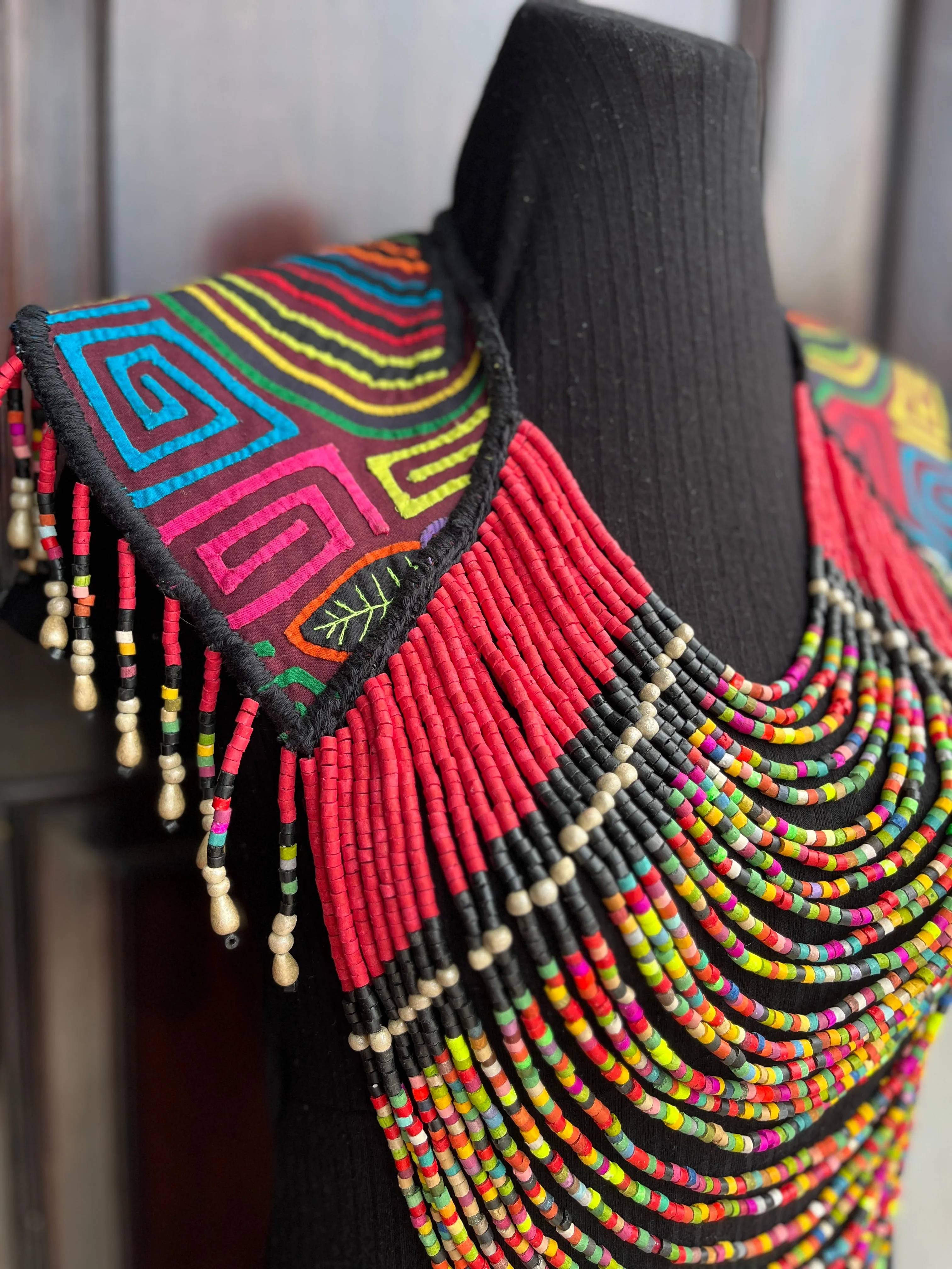 Textile Cape with Beaded Body Chains - "Mola Capa", Magenta Multicolor
