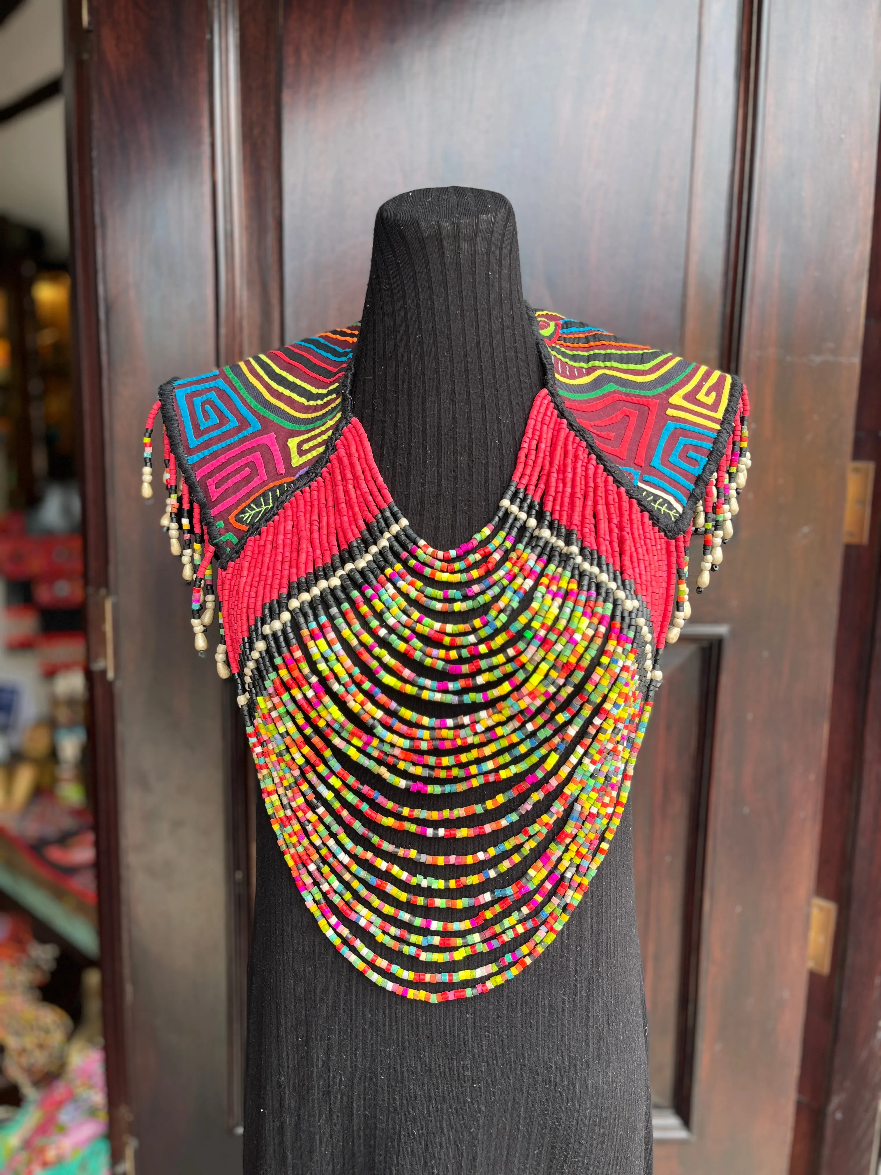 Textile Cape with Beaded Body Chains - "Mola Capa", Magenta Multicolor