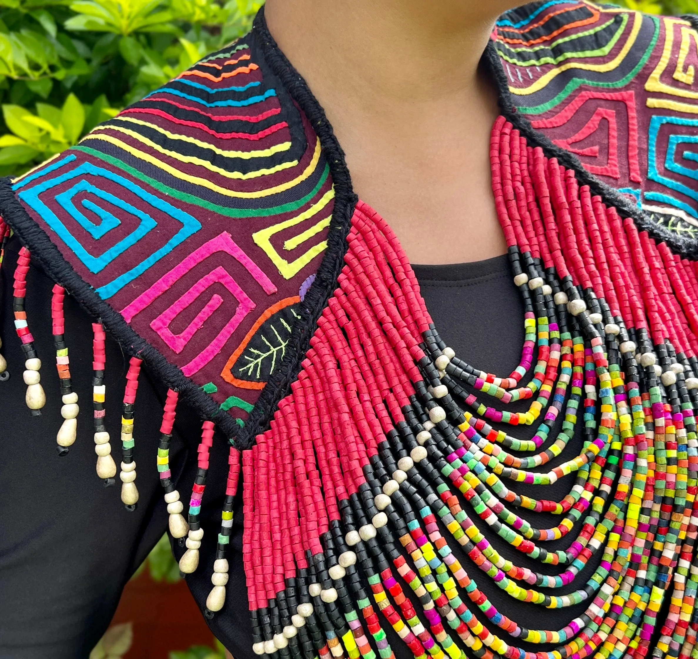 Textile Cape with Beaded Body Chains - "Mola Capa", Magenta Multicolor