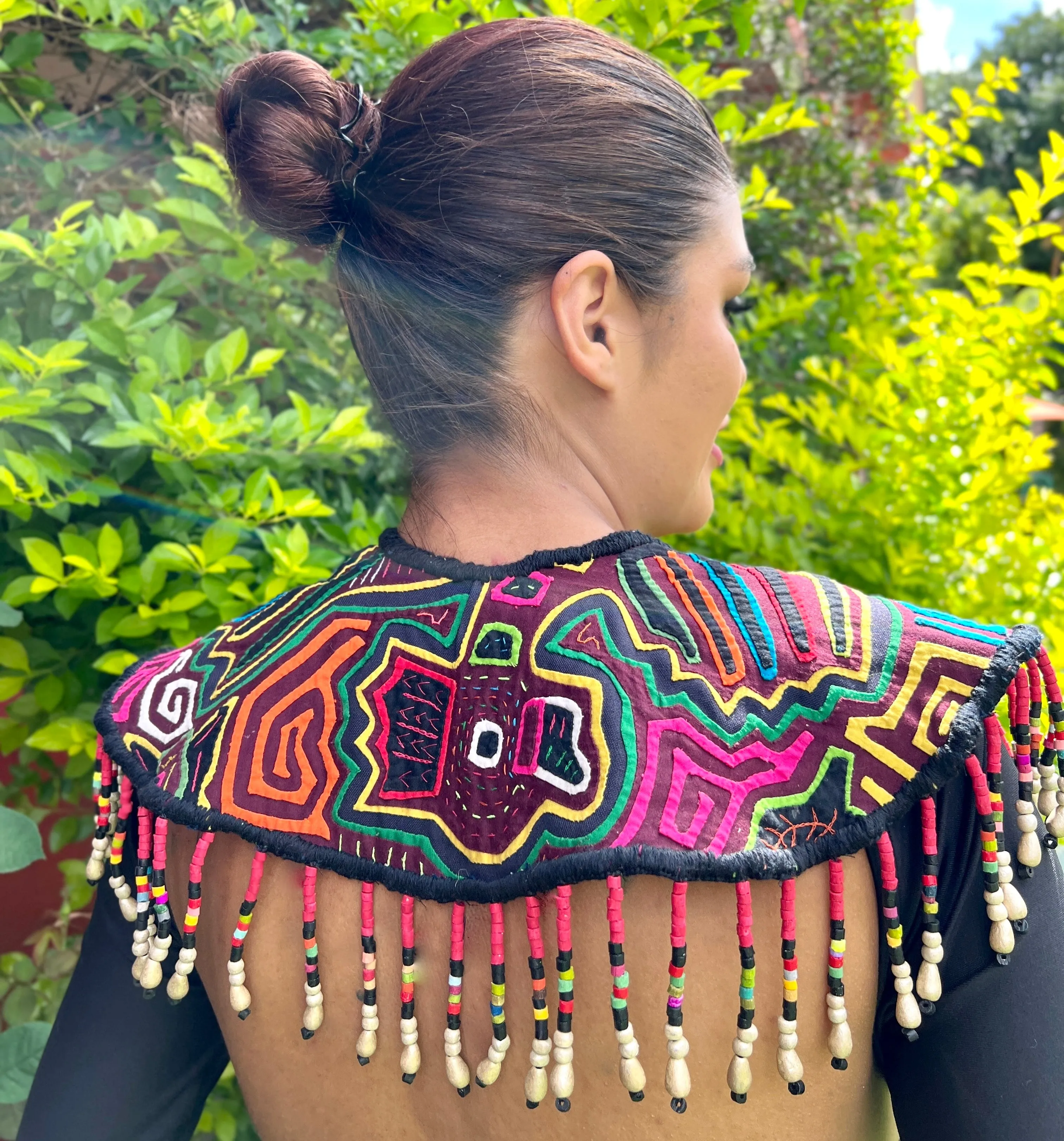 Textile Cape with Beaded Body Chains - "Mola Capa", Magenta Multicolor