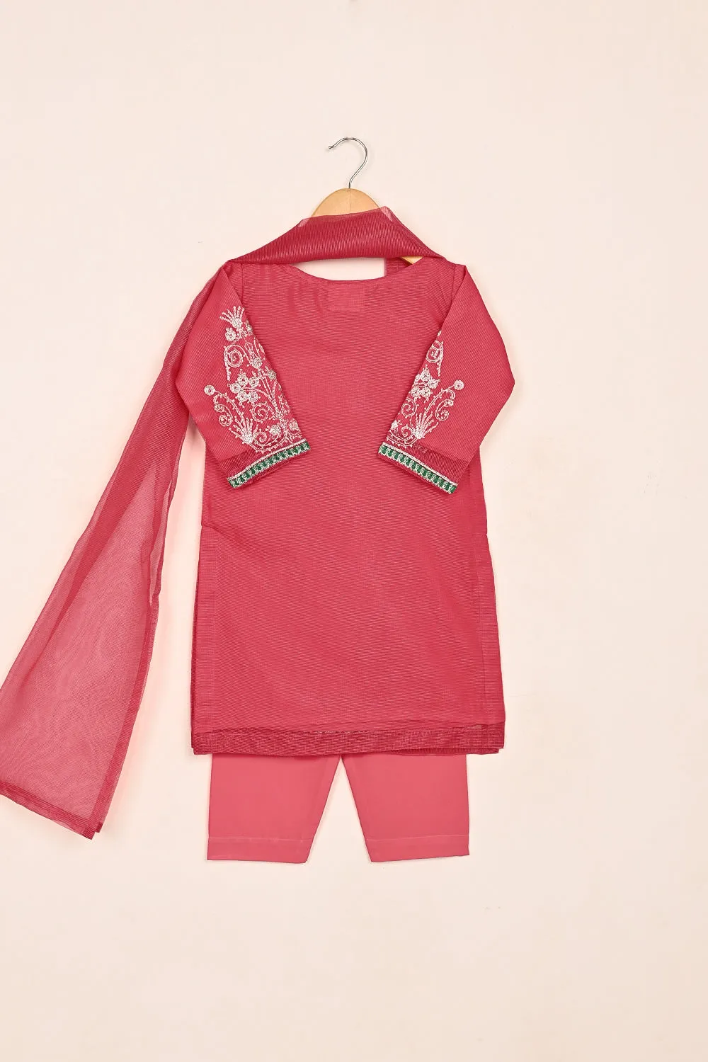 TKF-173-Cherry Pink - Kids 3Pc Javeria Net Embroidered Formal Dress
