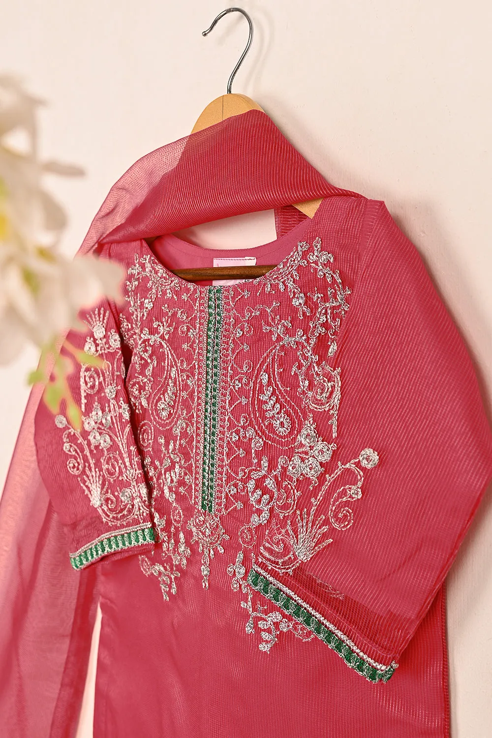 TKF-173-Cherry Pink - Kids 3Pc Javeria Net Embroidered Formal Dress