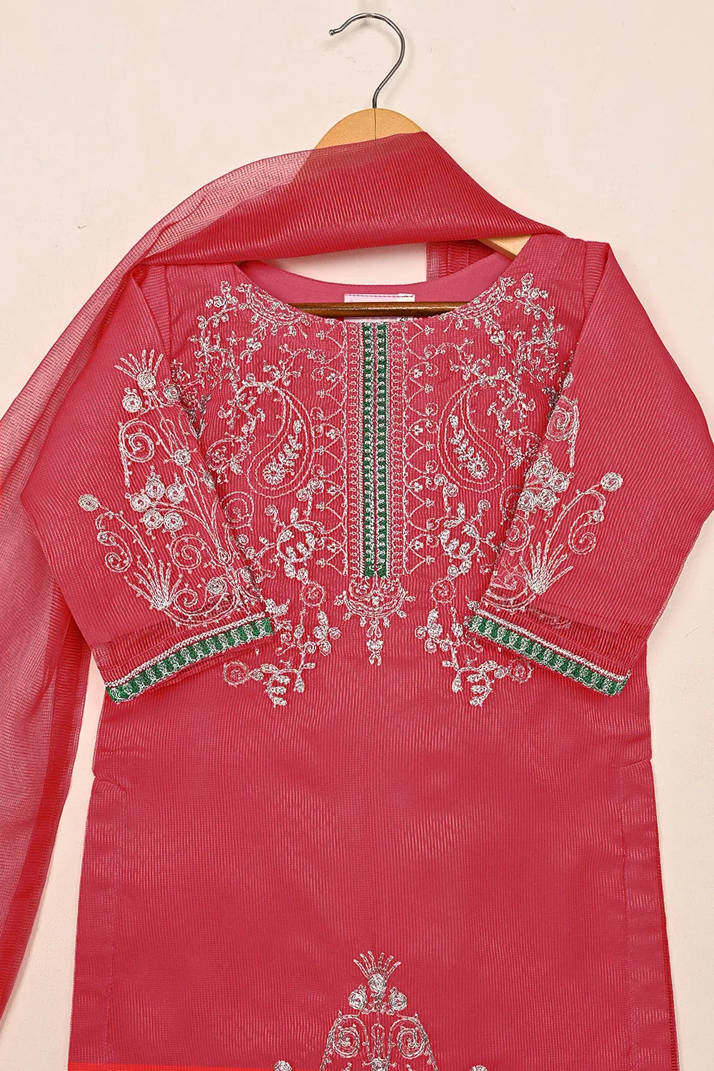 TKF-173-Cherry Pink - Kids 3Pc Javeria Net Embroidered Formal Dress
