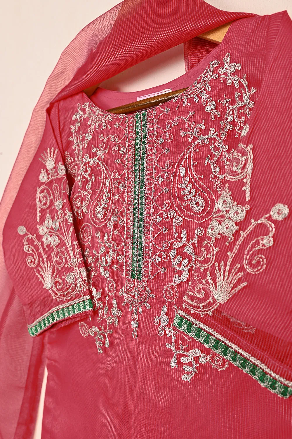 TKF-173-Cherry Pink - Kids 3Pc Javeria Net Embroidered Formal Dress
