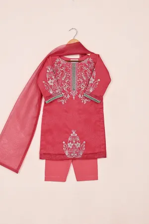 TKF-173-Cherry Pink - Kids 3Pc Javeria Net Embroidered Formal Dress