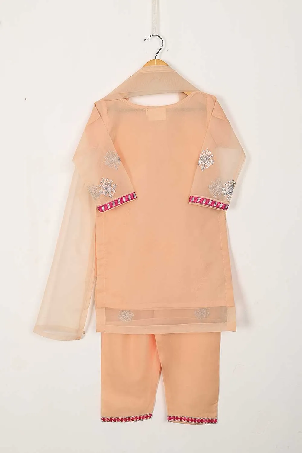 TKF-89-Peach - Kids 3Pc Organza Formal Embroidered Dress With Malai Trouser
