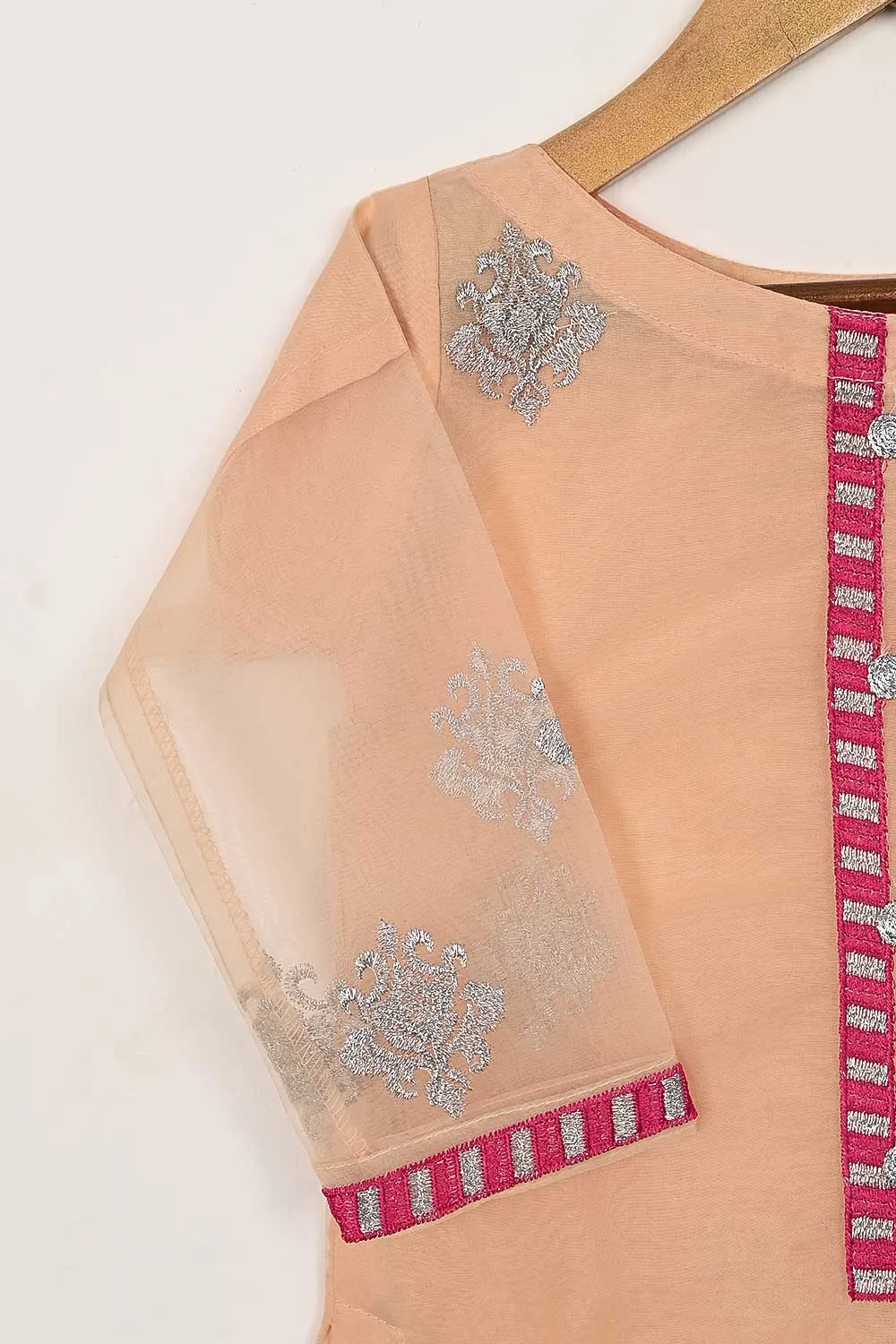 TKF-89-Peach - Kids 3Pc Organza Formal Embroidered Dress With Malai Trouser