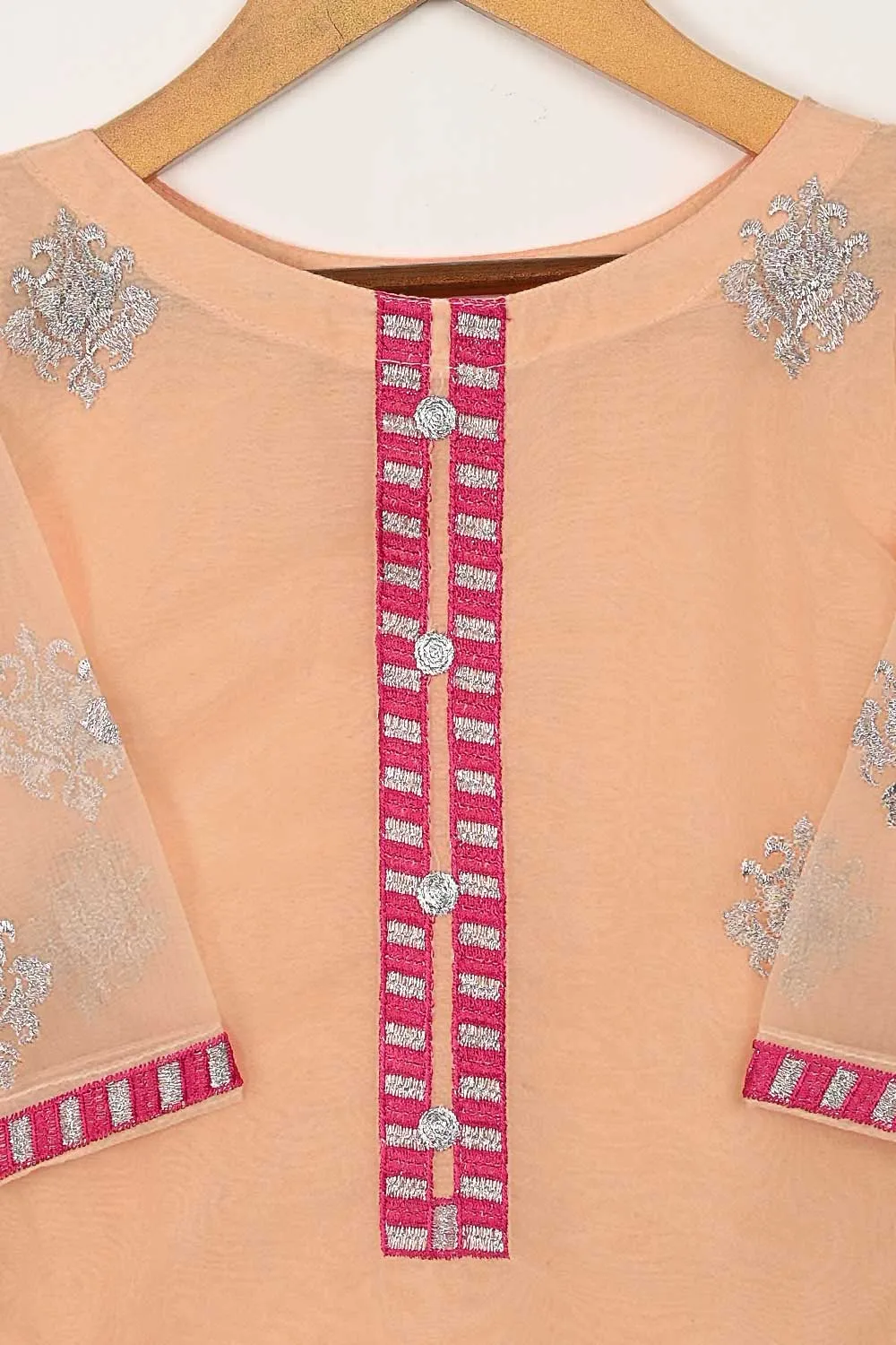 TKF-89-Peach - Kids 3Pc Organza Formal Embroidered Dress With Malai Trouser