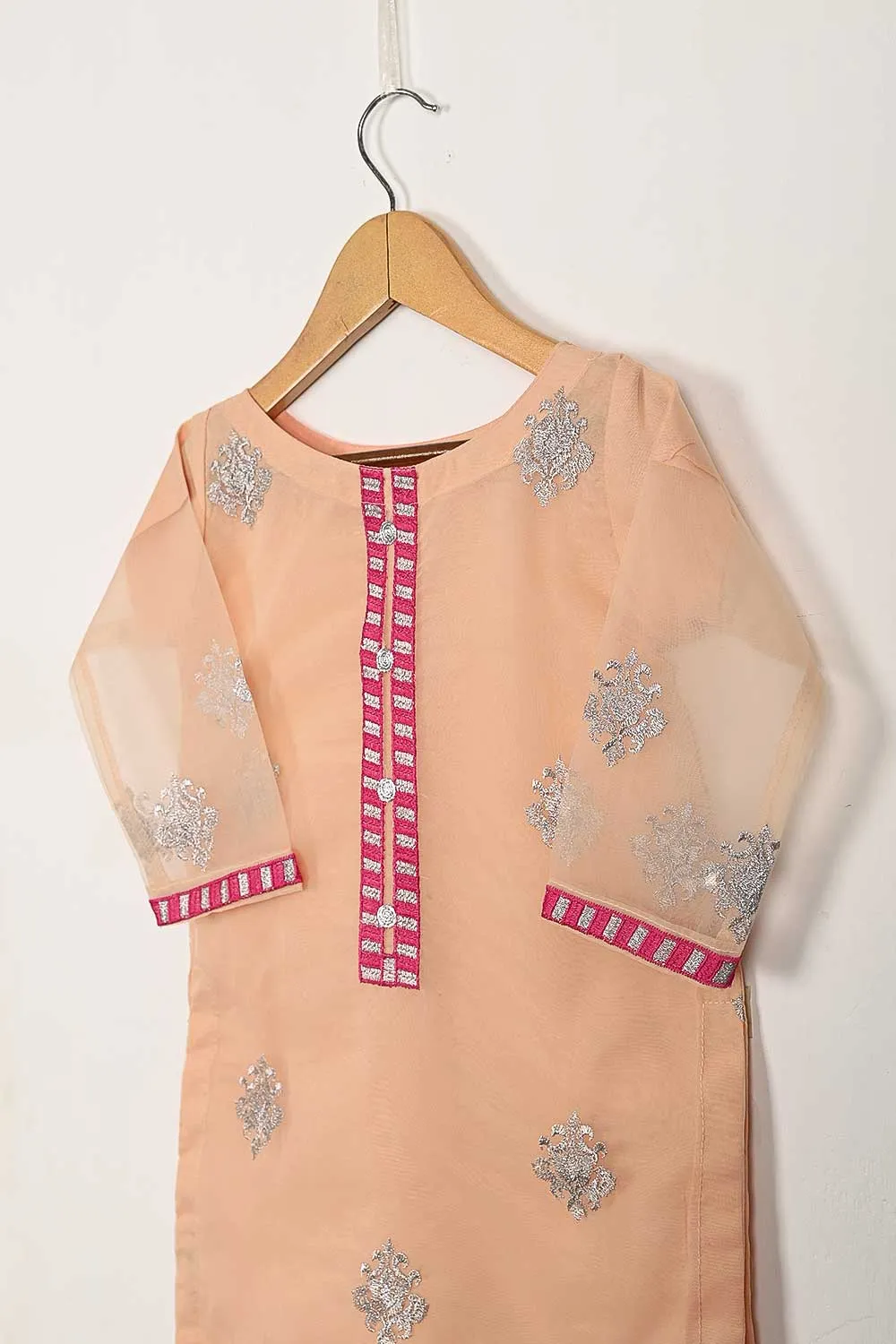 TKF-89-Peach - Kids 3Pc Organza Formal Embroidered Dress With Malai Trouser
