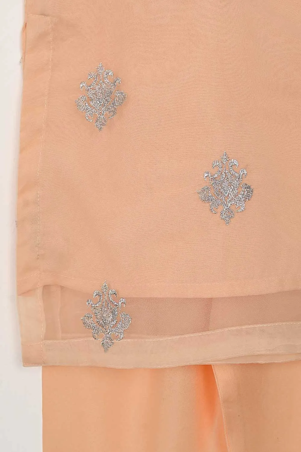 TKF-89-Peach - Kids 3Pc Organza Formal Embroidered Dress With Malai Trouser