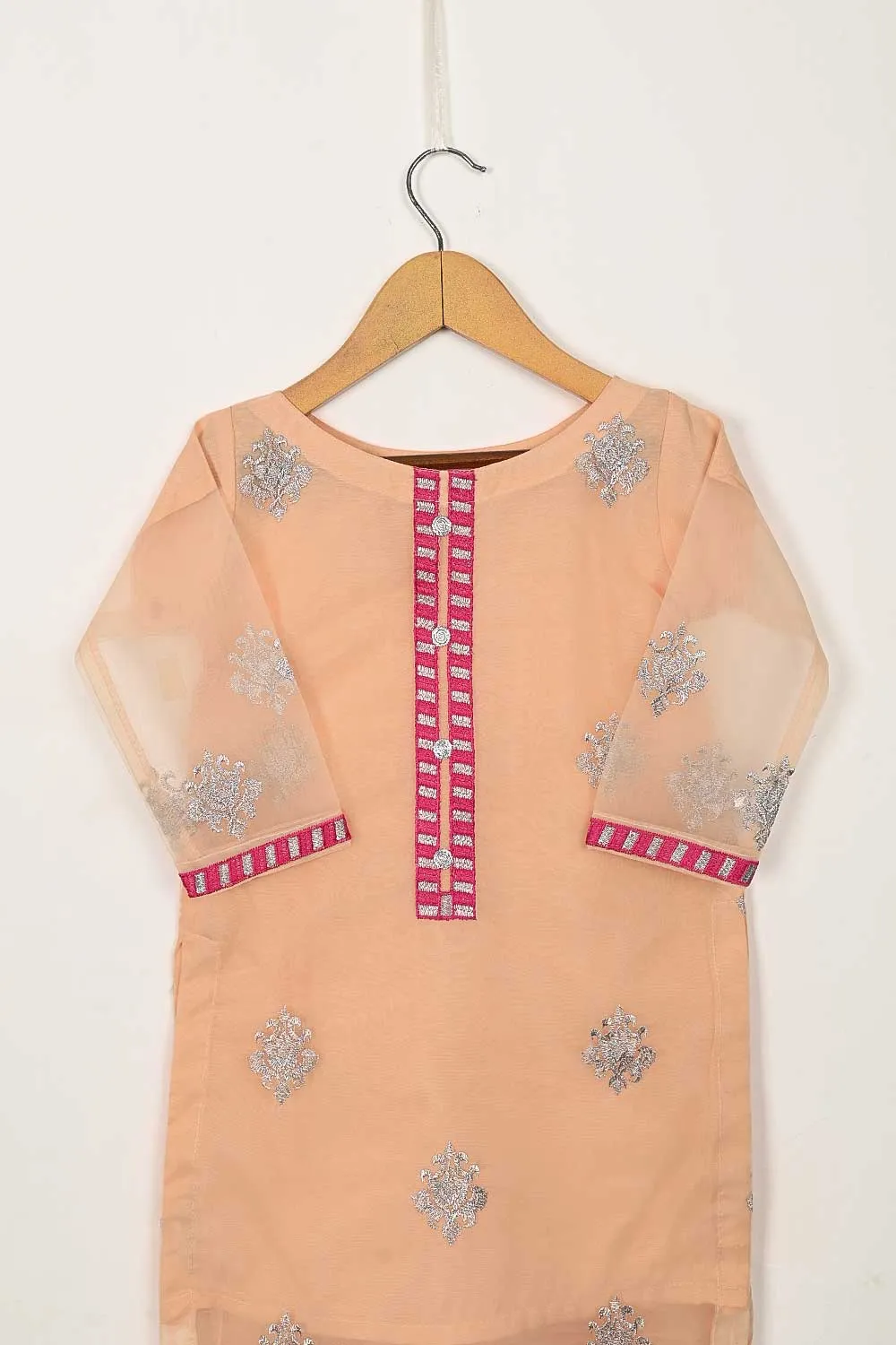 TKF-89-Peach - Kids 3Pc Organza Formal Embroidered Dress With Malai Trouser
