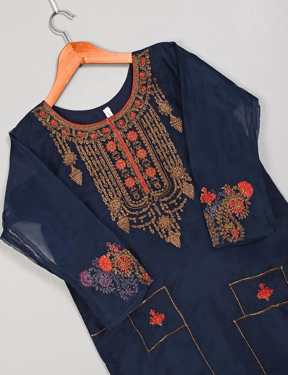 TS-106D-Blue - Witching Hour - Organza Embroidered Stitched Kurti