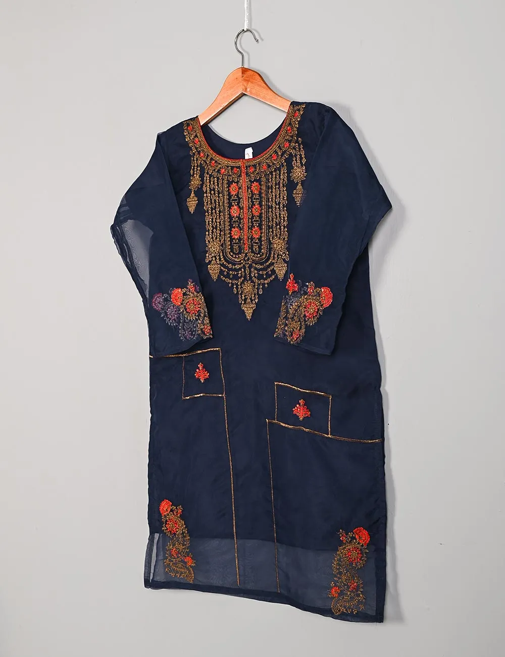 TS-106D-Blue - Witching Hour - Organza Embroidered Stitched Kurti