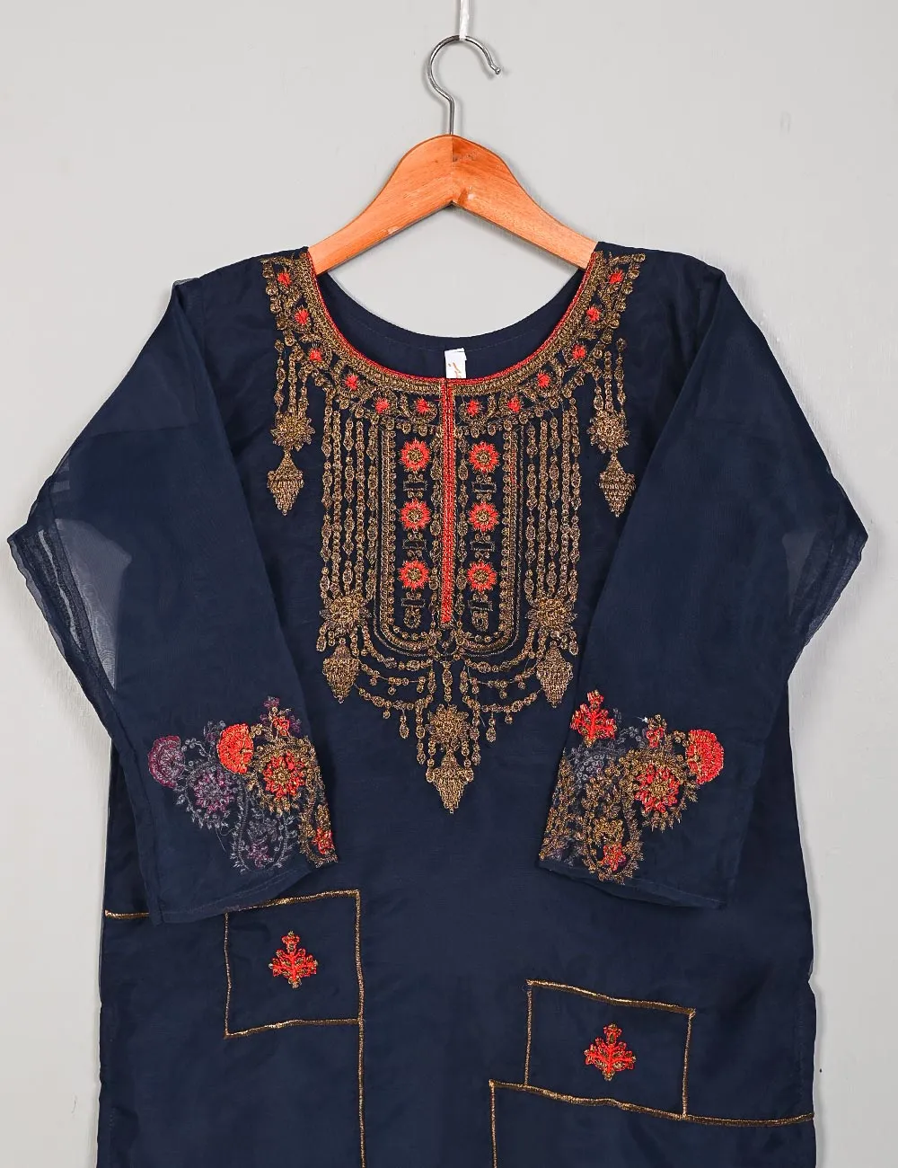 TS-106D-Blue - Witching Hour - Organza Embroidered Stitched Kurti
