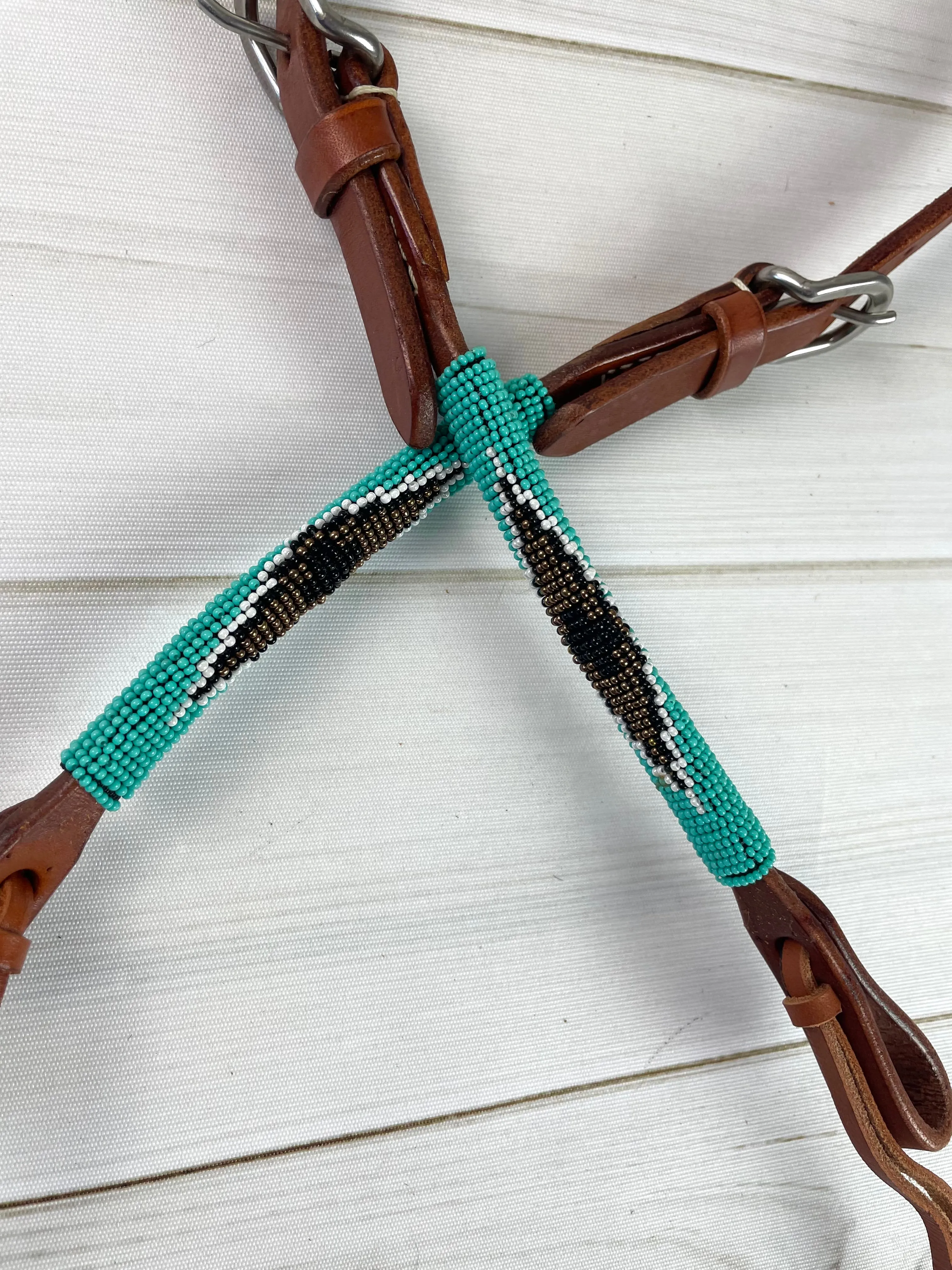 Turquoise and Gold Diamond Beaded One Ear Leather Headstall