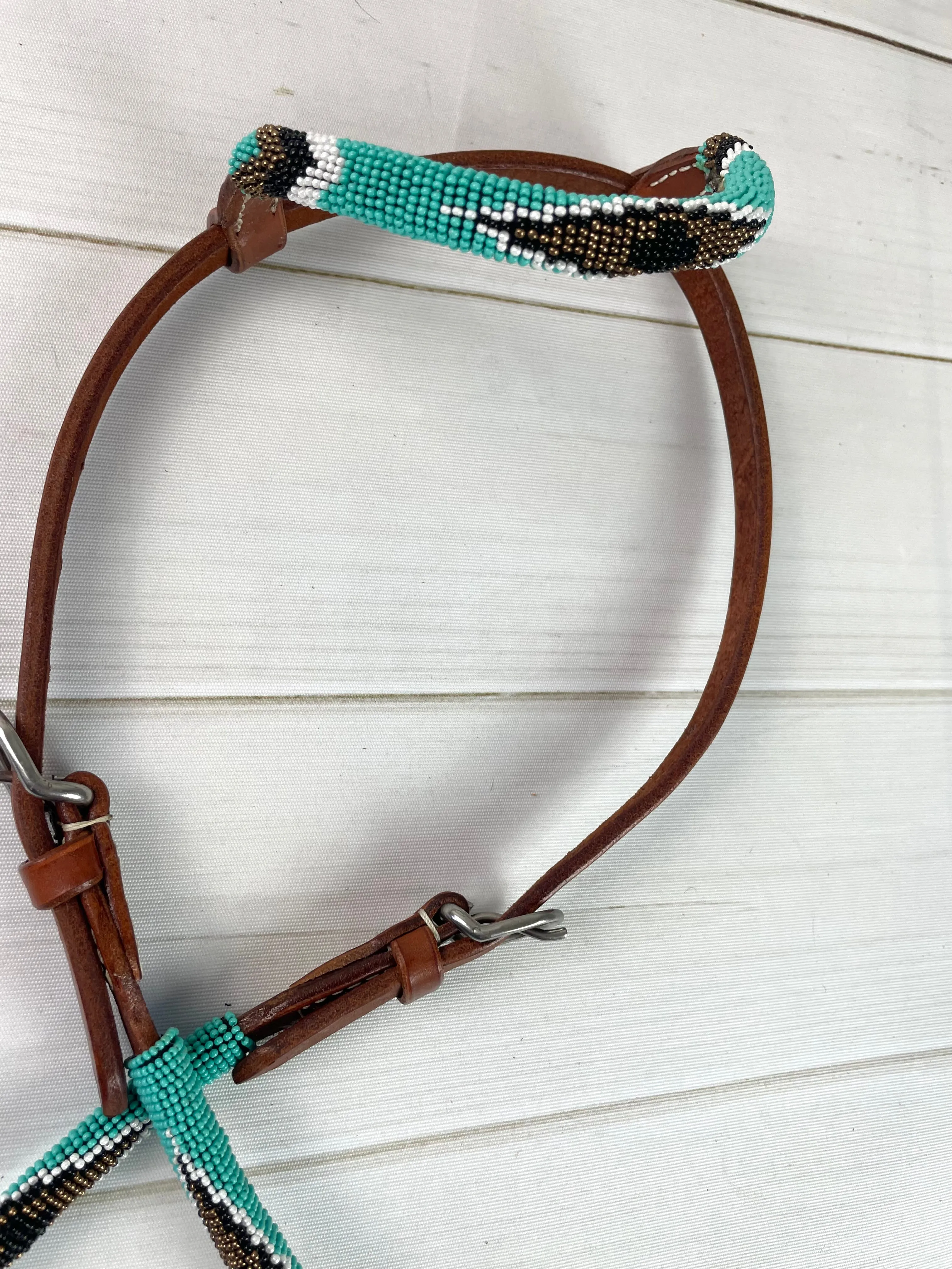 Turquoise and Gold Diamond Beaded One Ear Leather Headstall