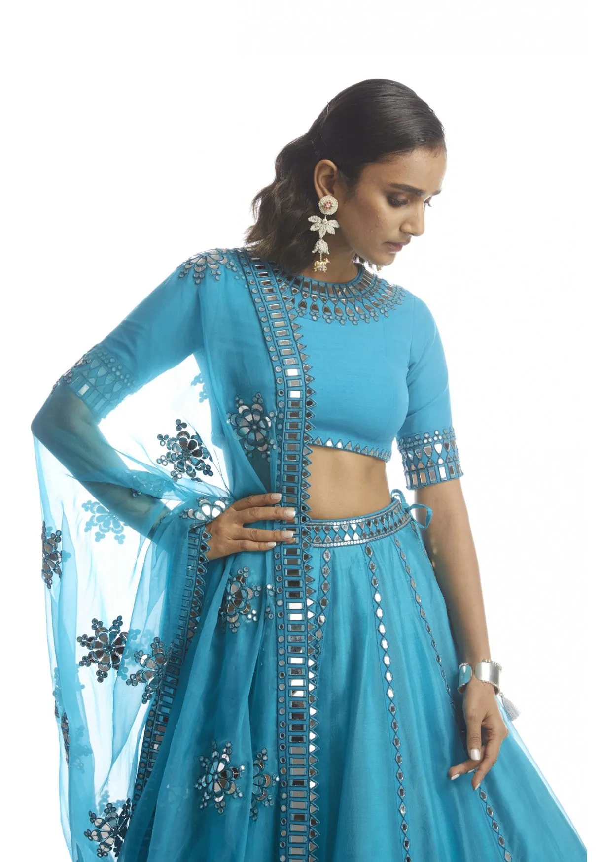 Turquoise Blue Mirror Cut Work Lehanga Set