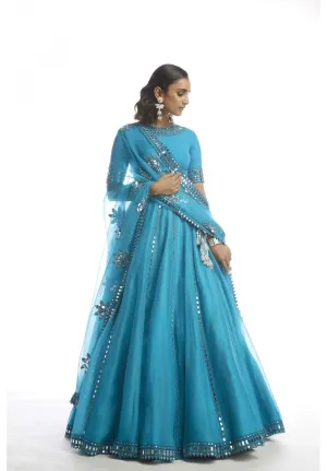 Turquoise Blue Mirror Cut Work Lehanga Set