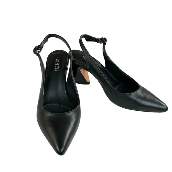 Vaneli Black Leather Pointed Toe Patent Heel Slingback Pumps Women’s Size 8