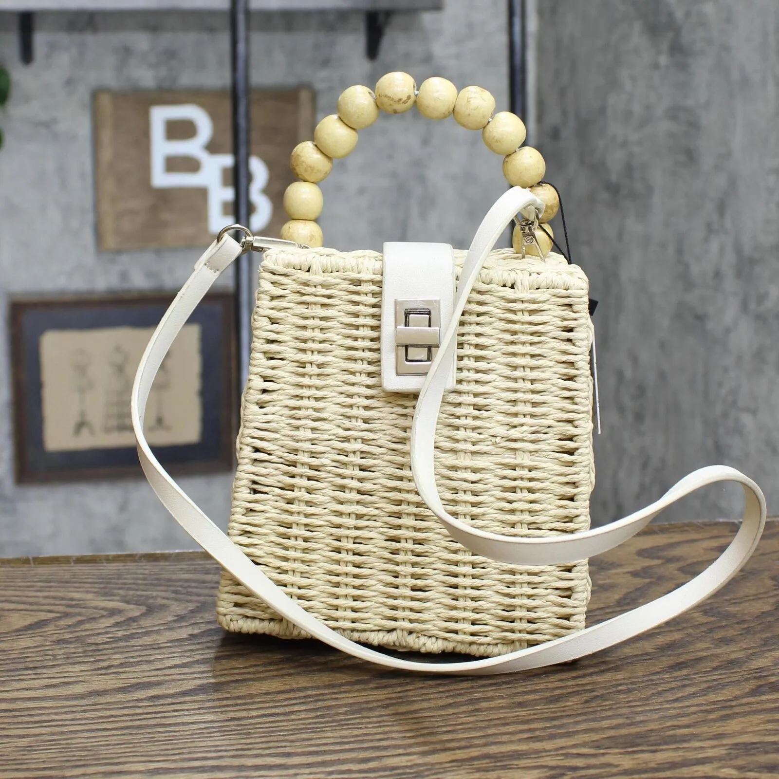Violet Ray VR NYC Beaded Handle Bucket Bag 78598877 Beige Brown One Size