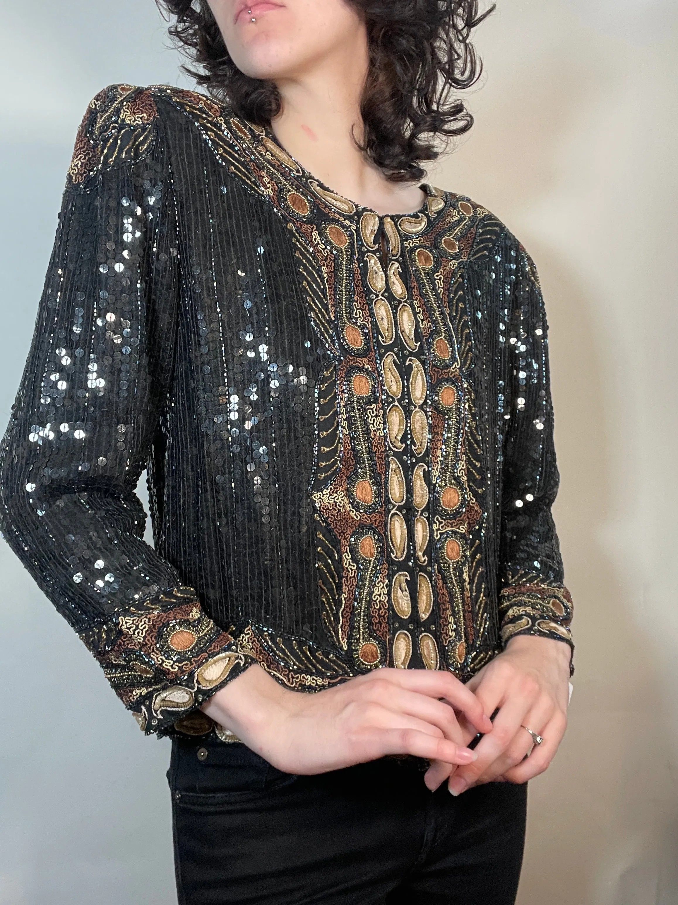 VTG 80s Beaded & Embroidered SILK Jacket Blouse