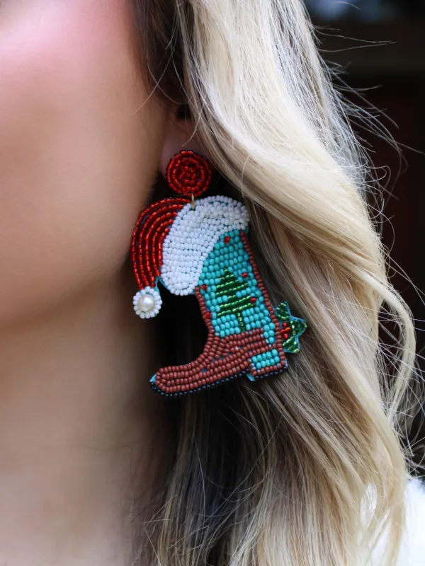Western Boot with Santa Hat Beaded Earrings, Green/Brown/Red