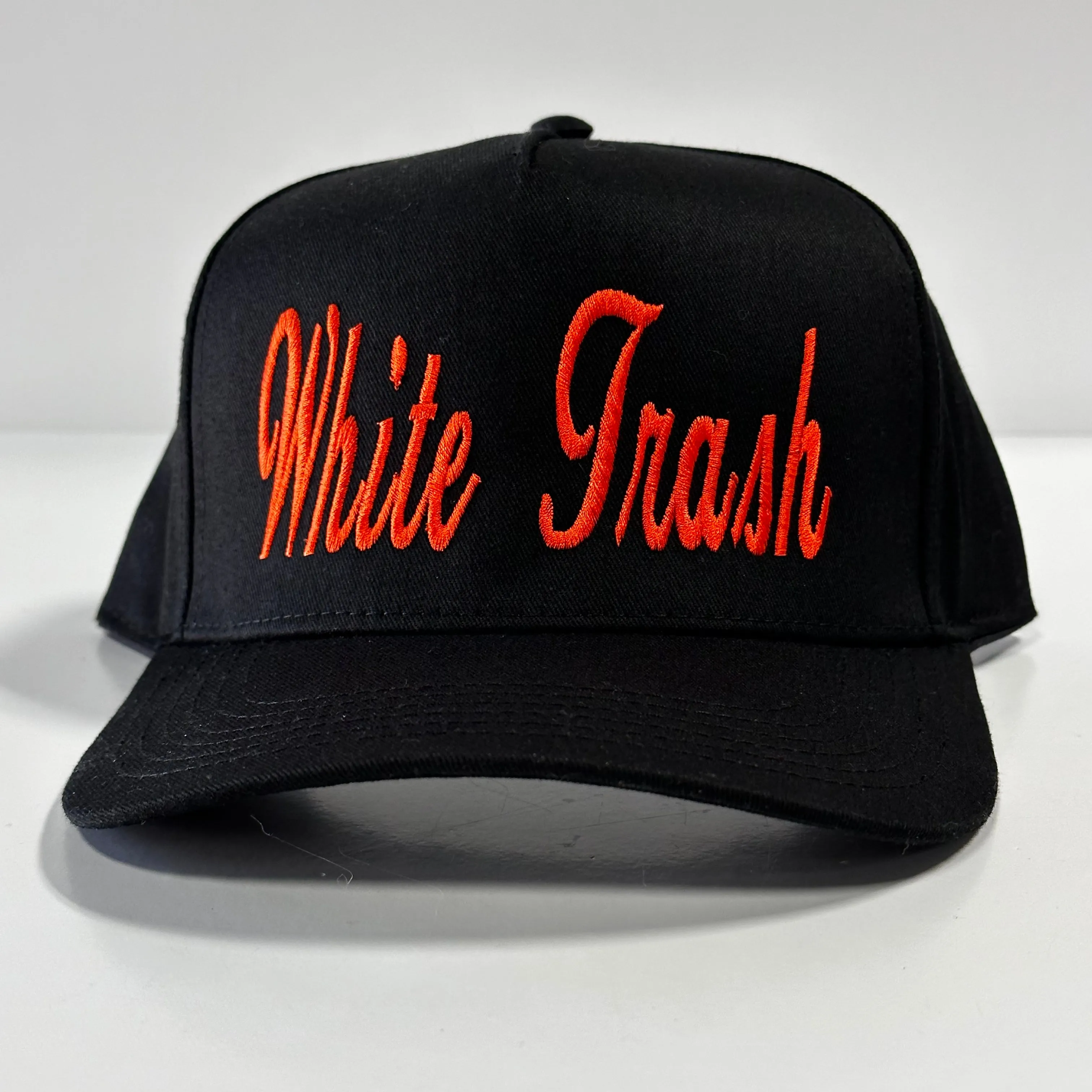 White Trash on a Black SnapBack Hat Cap Custom Embroidery