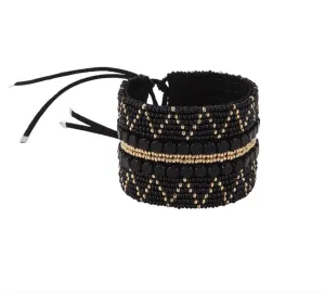 Wide ZigZag Leather Bracelet (Black, Gold)