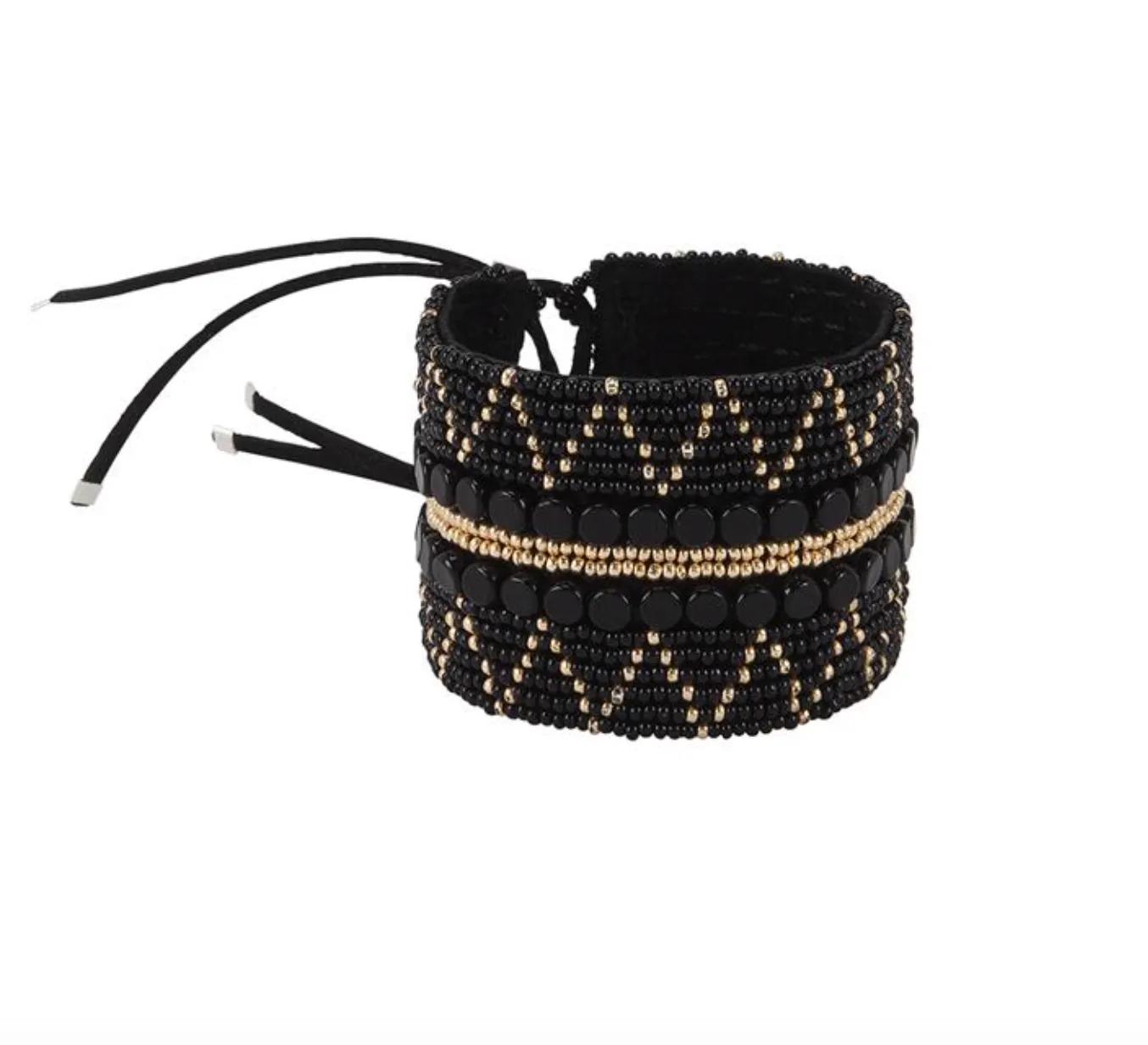 Wide ZigZag Leather Bracelet (Black, Gold)