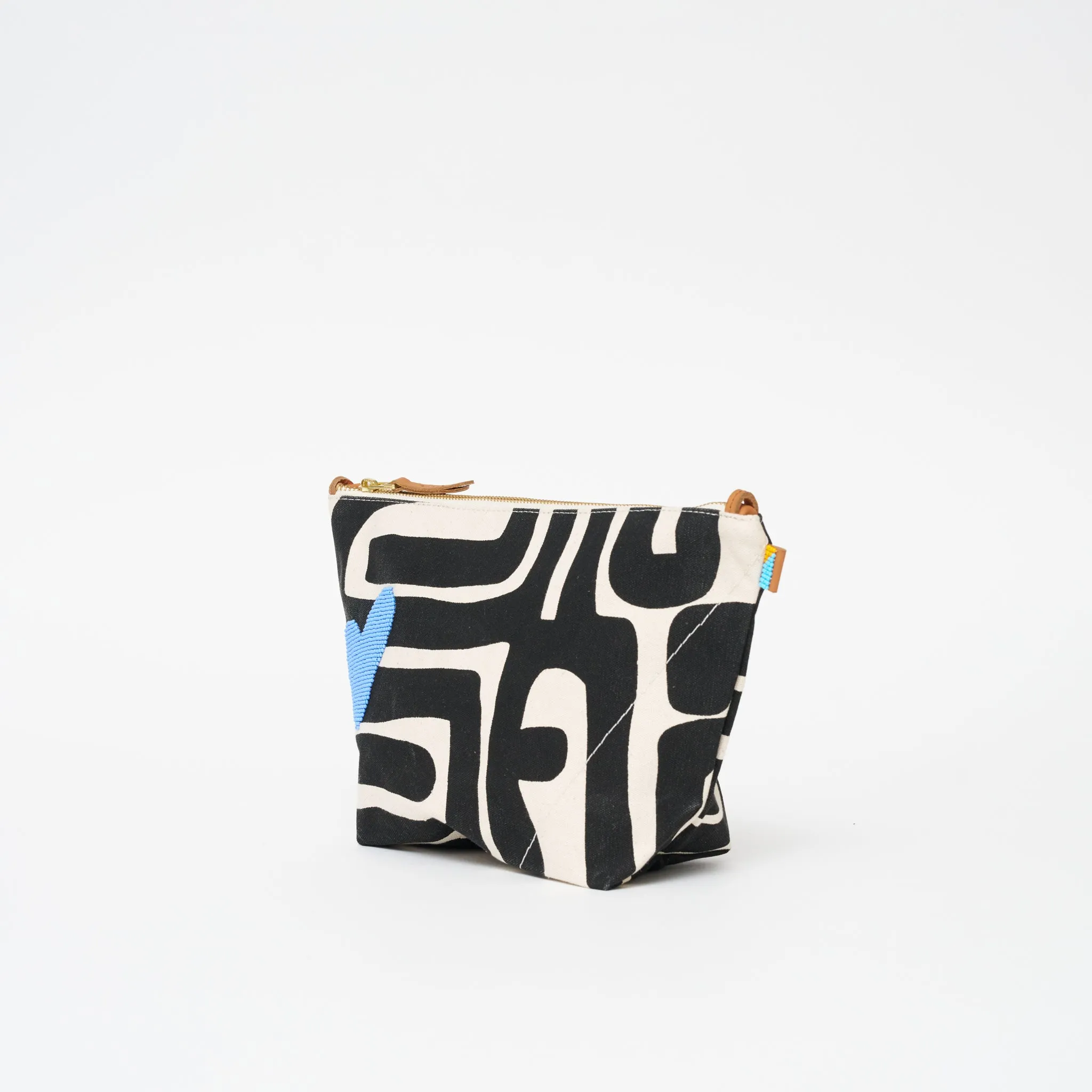 XLarge Convertible Pouch - Black Kuba with Beaded Cornflower Blue Heart