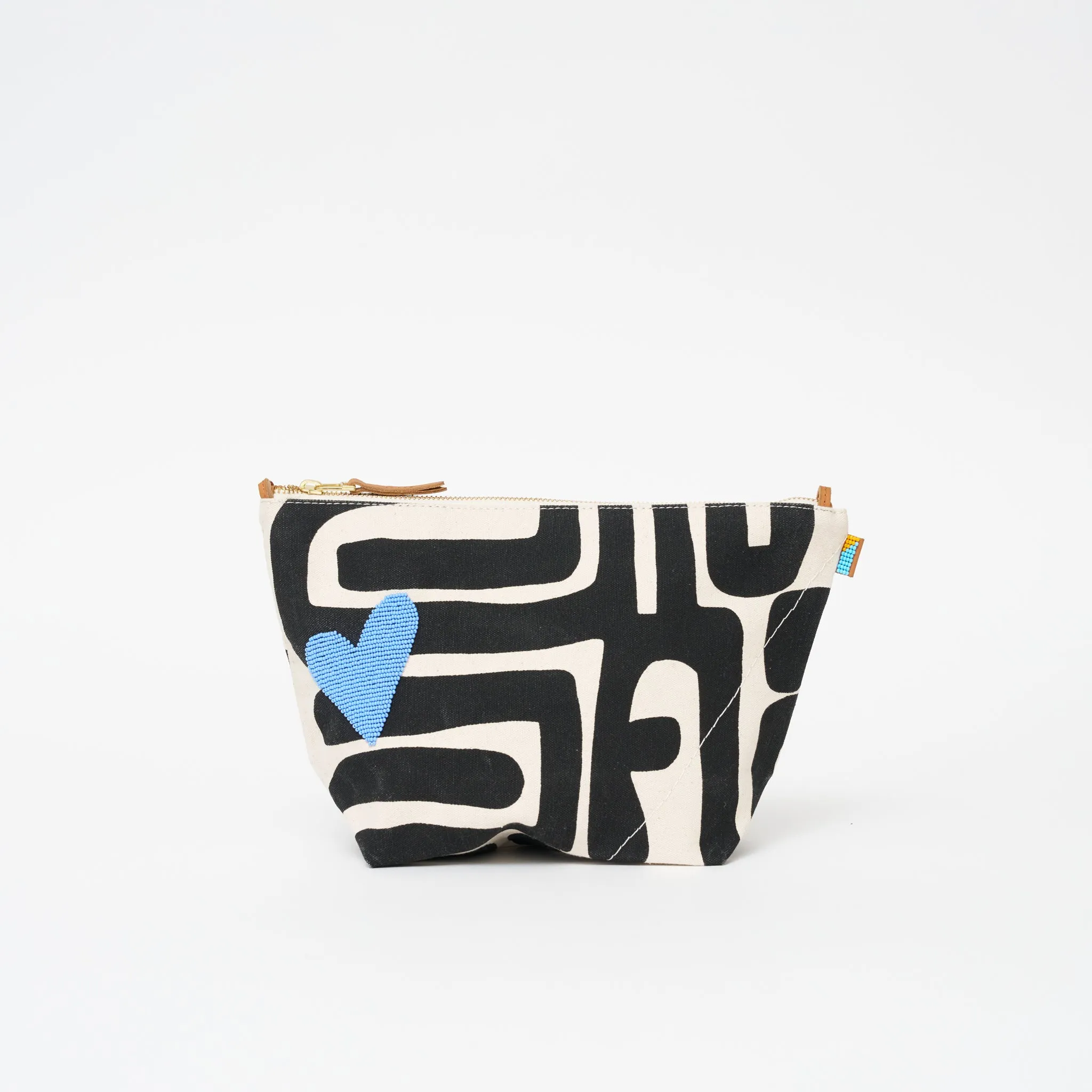 XLarge Convertible Pouch - Black Kuba with Beaded Cornflower Blue Heart