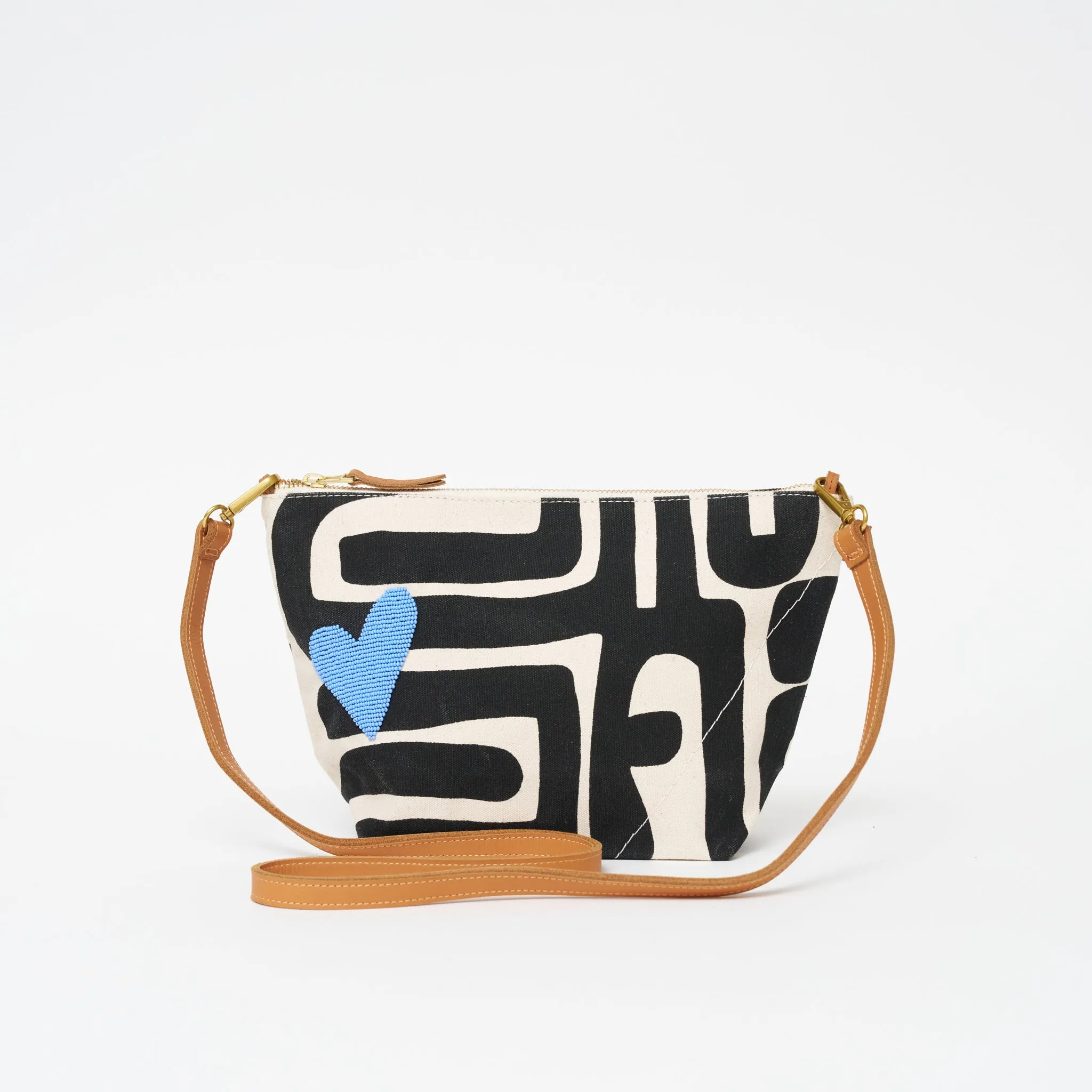 XLarge Convertible Pouch - Black Kuba with Beaded Cornflower Blue Heart