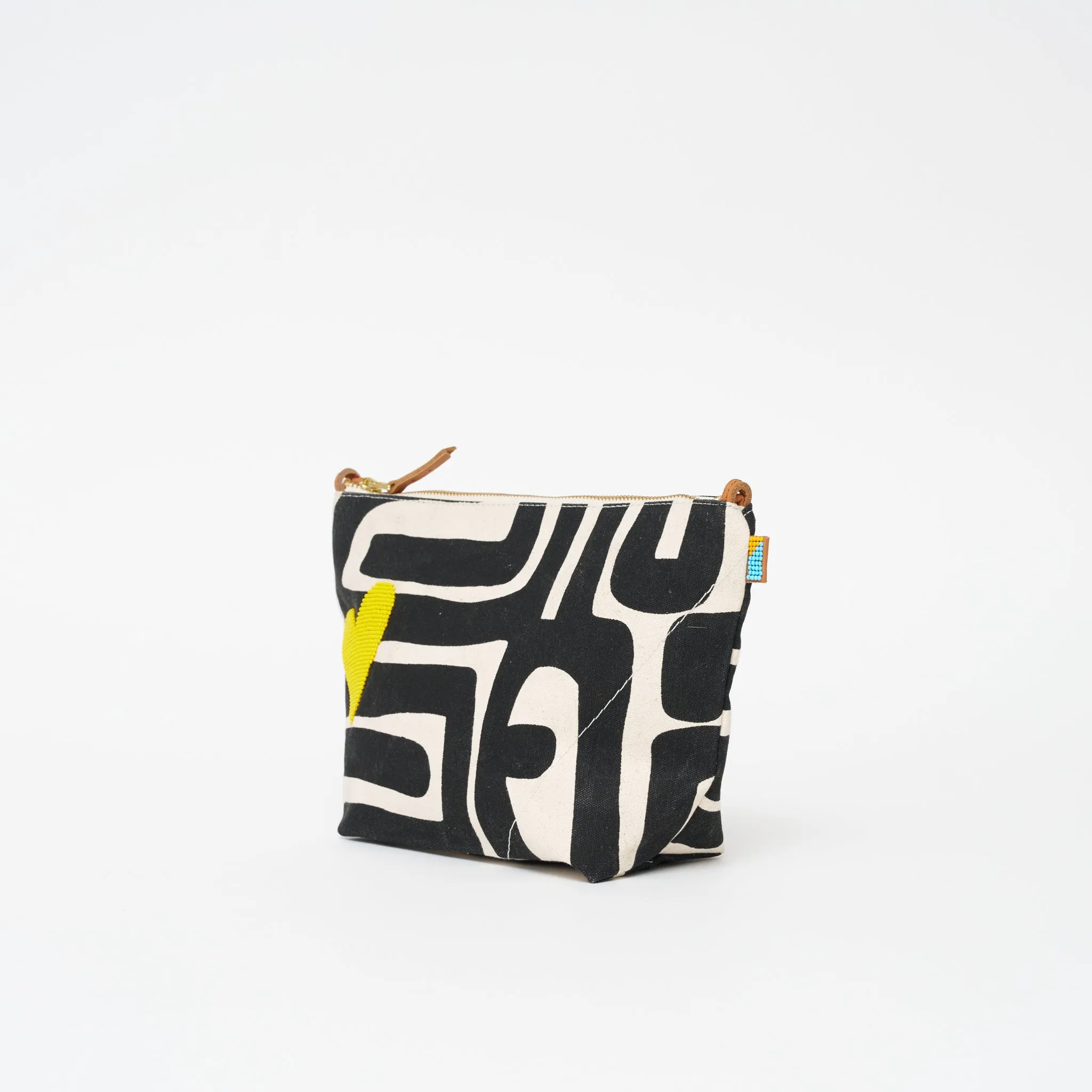 XLarge Convertible Pouch - Black Kuba with Beaded Yellow Heart