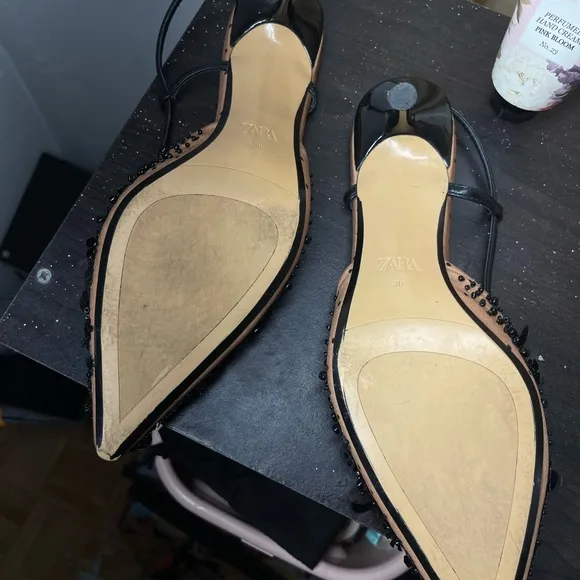 Zara kitten heal Embellished Black Sequin Mules (38) (7.5🇺🇸